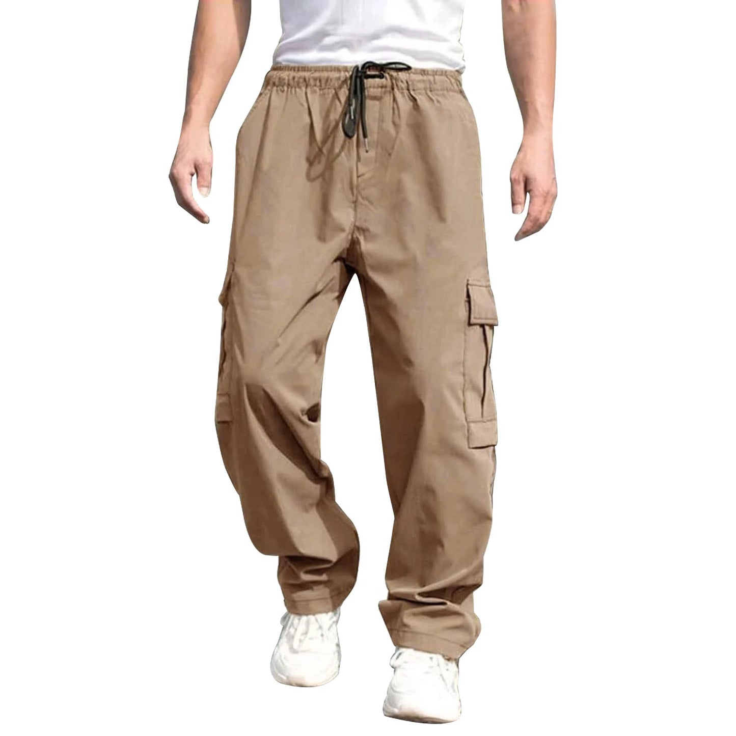 Mens Loose Cargo Pants Drawstring Waist Straight Leg Trousers