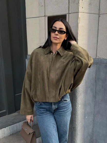 HH Women's Street Fashion Solid Loose Suede Texture Coats
