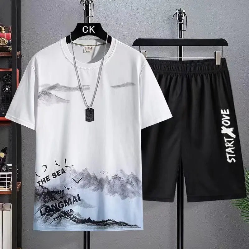 Men's Summer Shorts Set Outfit Student Short Sleeve Tee 2 Piece Set