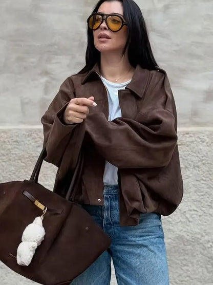 HH Women's Street Fashion Solid Loose Suede Texture Coats