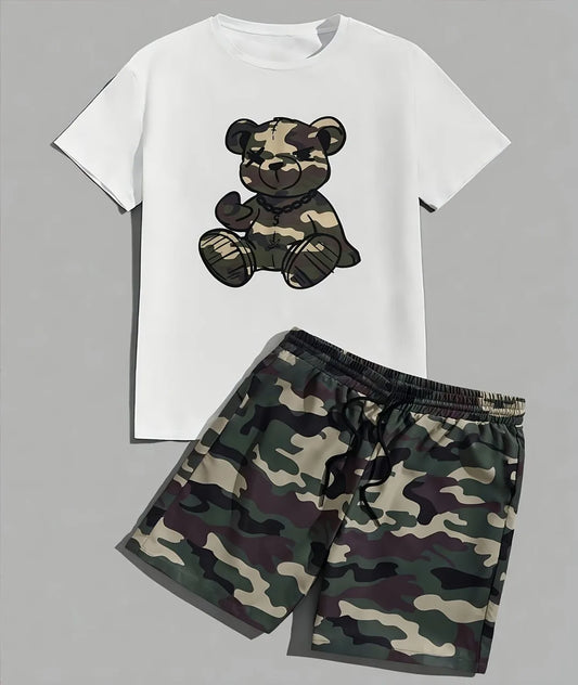 new summer men's suit casual shorts 3D black and white printed men's T-shirt shorts suit City street men fashion short slee