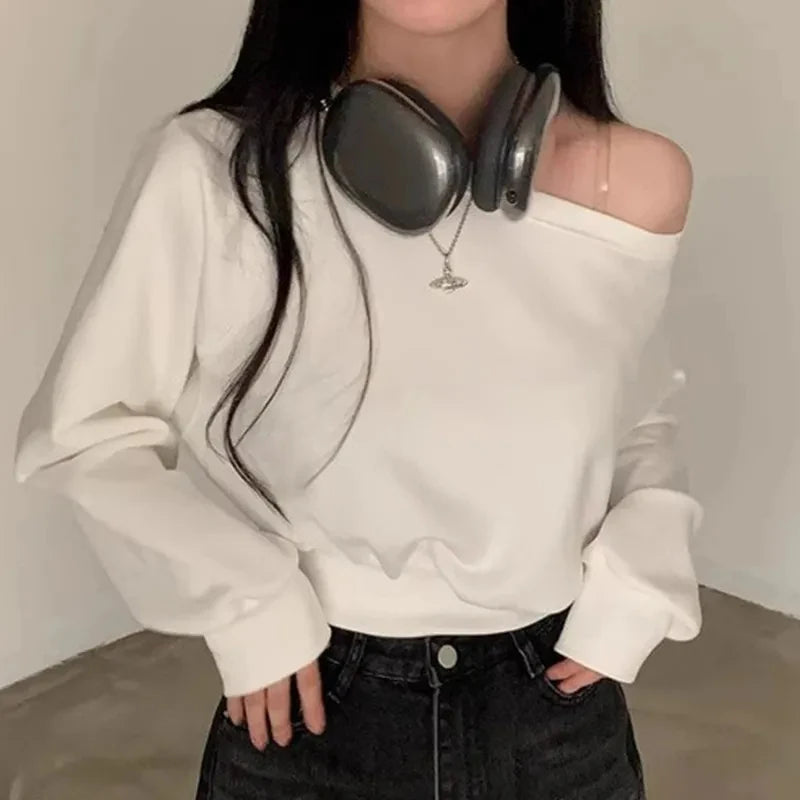 Off-shoulder Long Sleeve Loose Casual Cropped Sweatshirt For Women