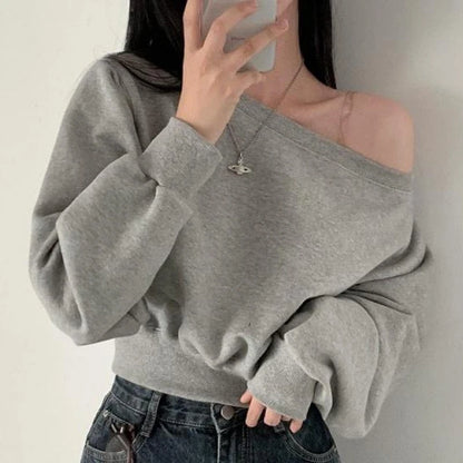 Off-shoulder Long Sleeve Loose Casual Cropped Sweatshirt For Women