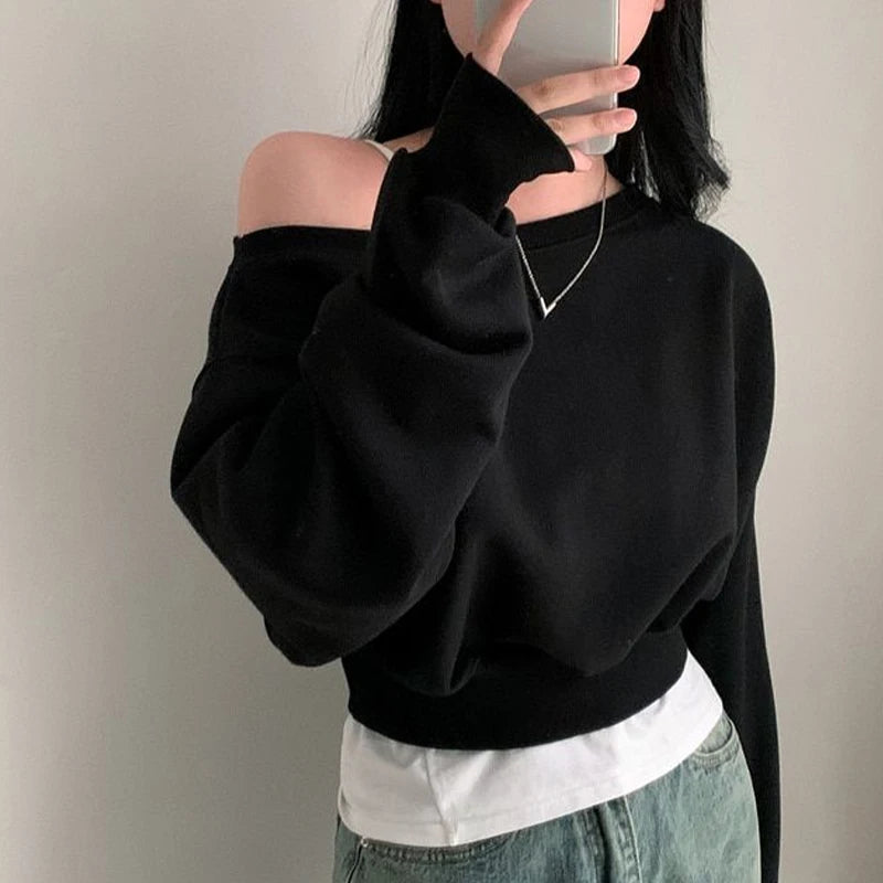 Off-shoulder Long Sleeve Loose Casual Cropped Sweatshirt For Women