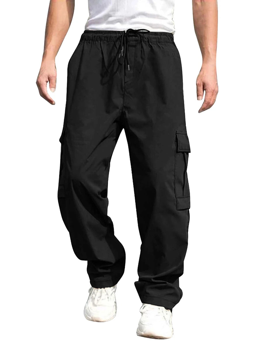 Mens Loose Cargo Pants Drawstring Waist Straight Leg Trousers