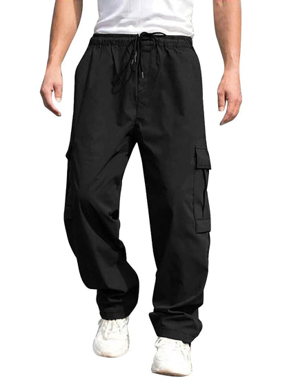 Mens Loose Cargo Pants Drawstring Waist Straight Leg Trousers