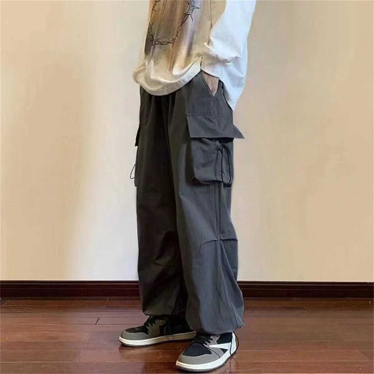 Casual Pants Elastic Waist Solid Color Cargo Pants Multi Pocket Loose Baggy Pants