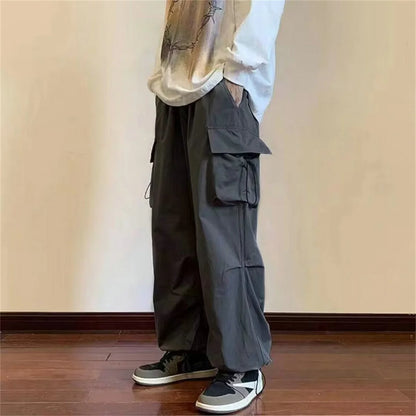 Casual Pants Elastic Waist Solid Color Cargo Pants Multi Pocket Loose Baggy Pants