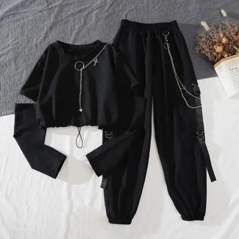 Tracksuit Removable Sleeve with Chain Top Casual Cargo Pants 2 Piece Sets Women's Outfits