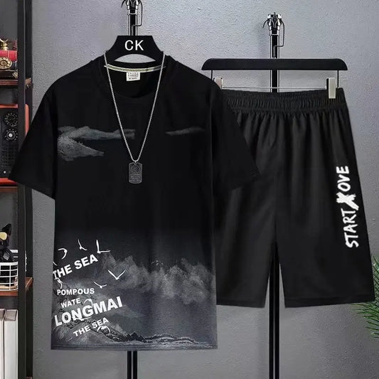 Men's Summer Shorts Set Outfit Student Short Sleeve Tee 2 Piece Set